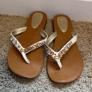Elegant White and Tan Embellished Sandals
